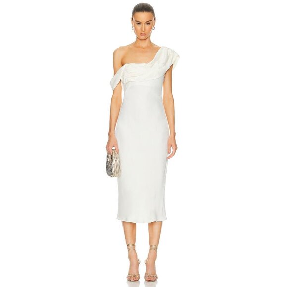 LPA Vania Midi Dress in Ivory Small New Womens Draped One Shoulder Cocktail - Picture 1 of 16